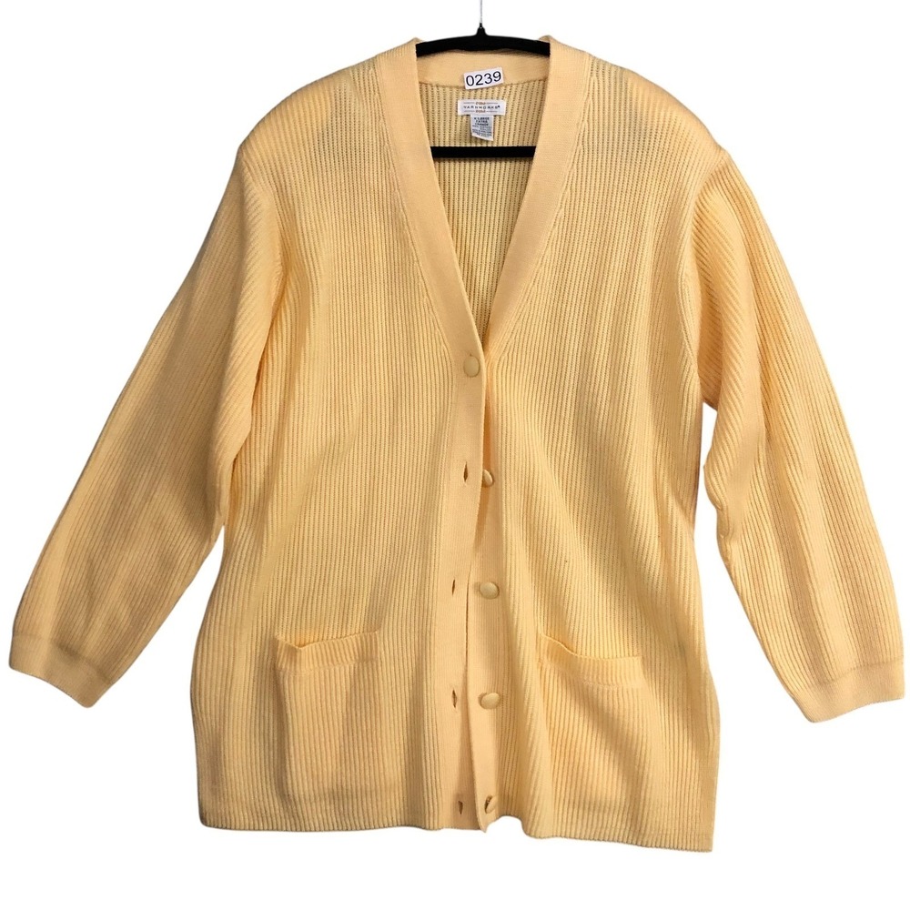 Vtg Yarnworks Womens‎ Cardigan Sweater Yellow Button Front Long Sleeve Pockets